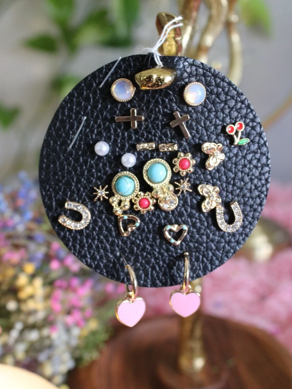 Gold-Tone Mixed Stud & Hoop Earring Set with Pink Hearts and Turquoise Accents